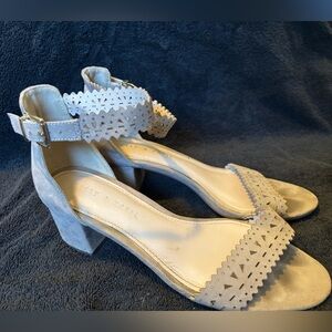 Kelly & Katie Taupe Laser Cut Ankle Strap Block Heel Sandals